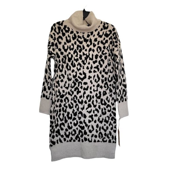 Leopard Print Knit Dress Oatmeal/Black Turtleneck | Women Oversized S/ or M - Picture 4 of 10